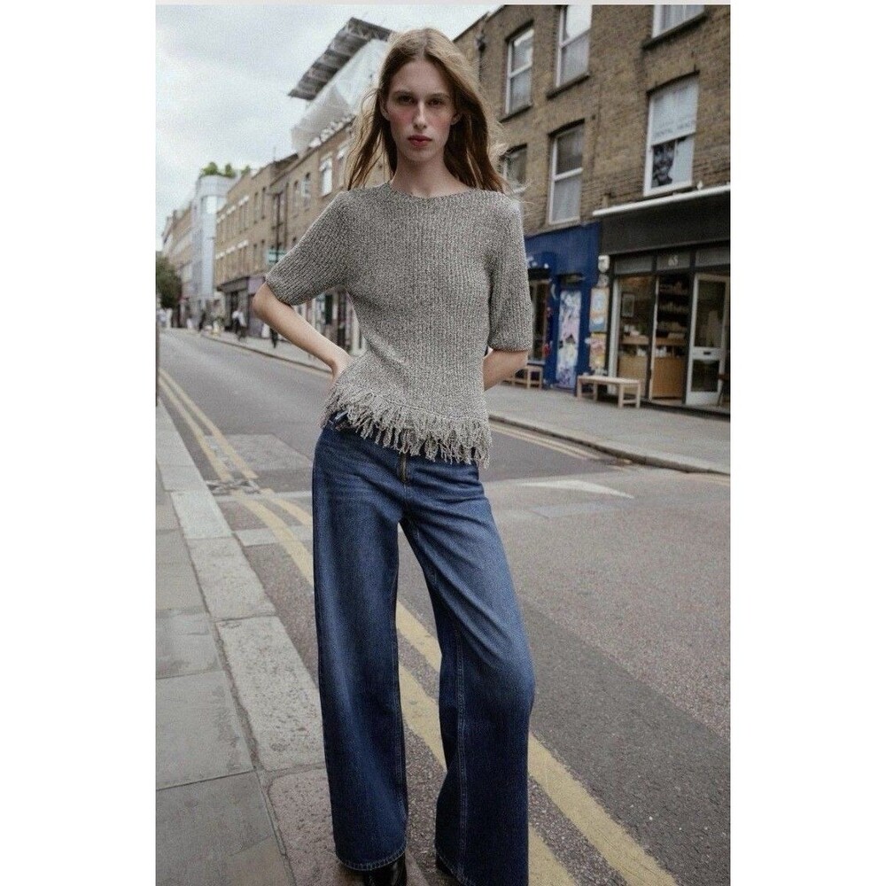 ZARA Fringed Marled Knit Top Short Sleeve Sweater Grey White Size Medium